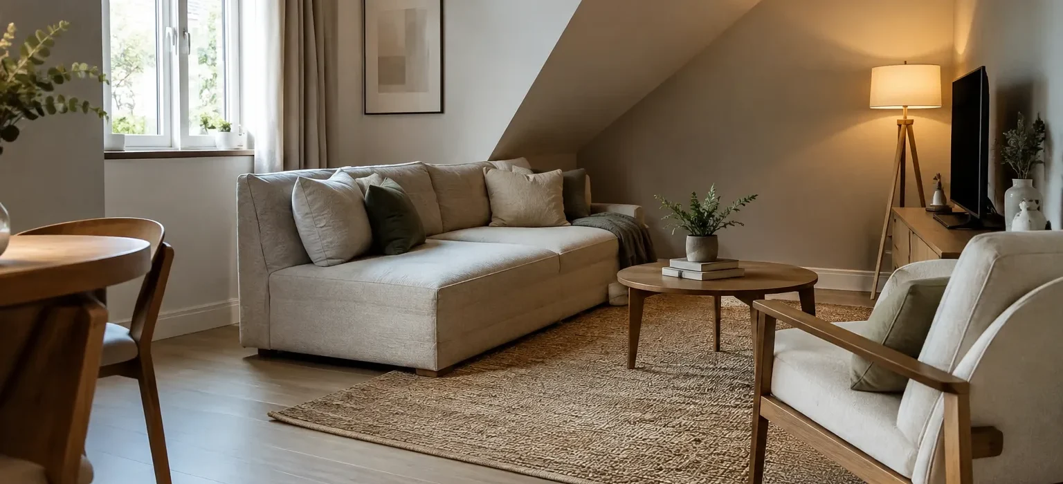 Un canapé bas et un tapis aménagent un séjour dont le mur du fond est en biais, tandis qu’un passage reste libre près de la fenêtre.