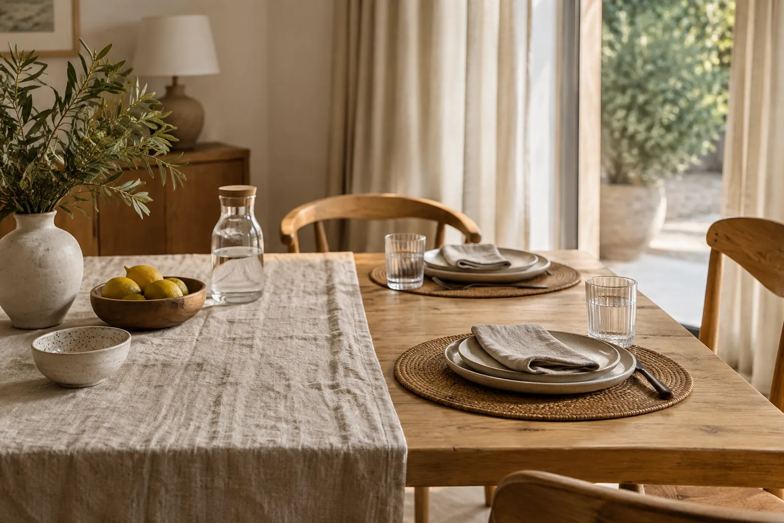 Une table en bois présente une nappe en lin d’un côté et deux sets de table de l’autre, avec des chaises et des rideaux en arrière-plan.