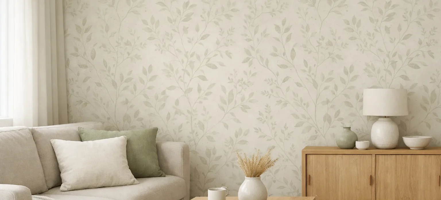 Mur d’accent couvert d’un papier peint végétal discret, derrière un canapé aux textiles unis.