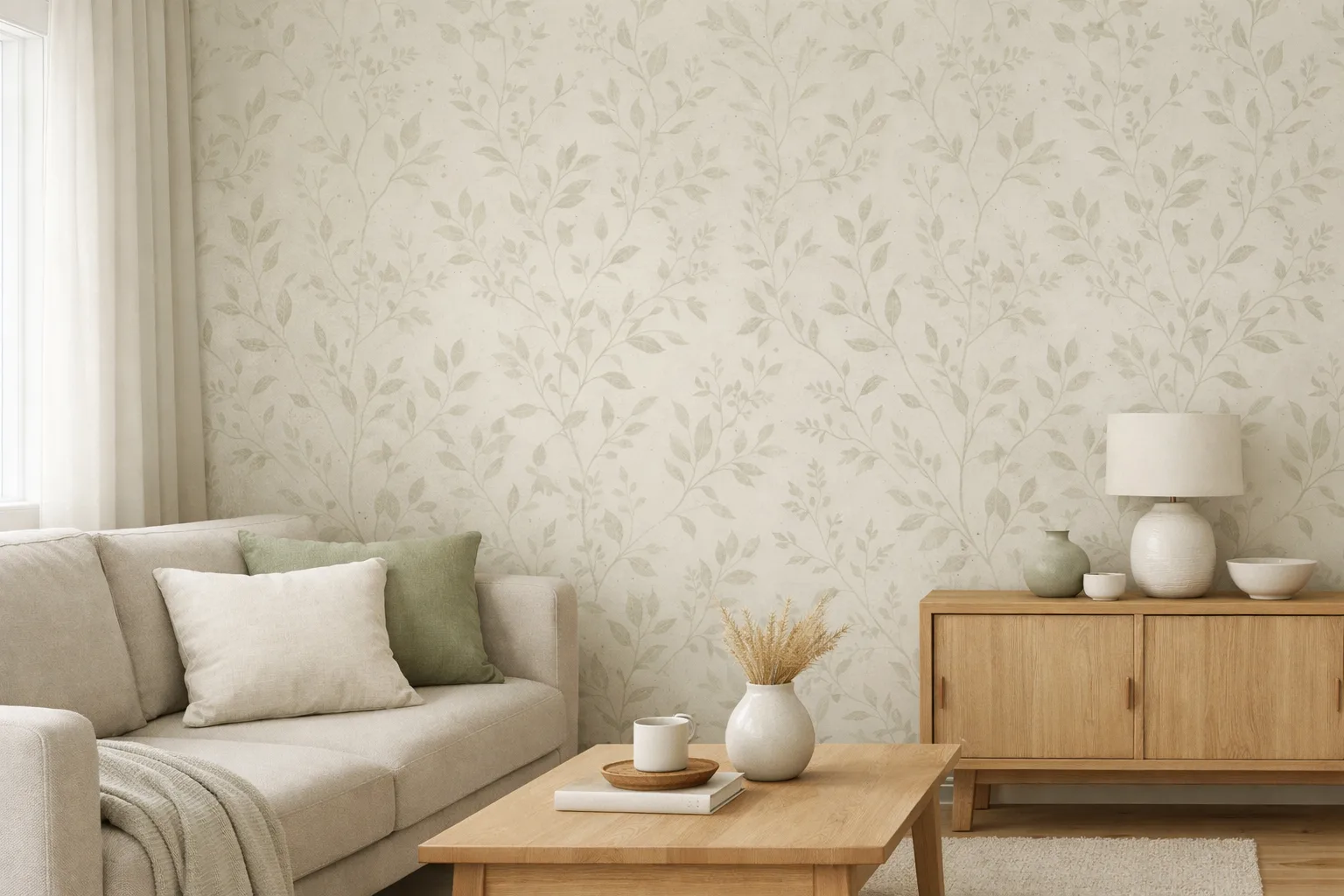 Mur d’accent couvert d’un papier peint végétal discret, derrière un canapé aux textiles unis.