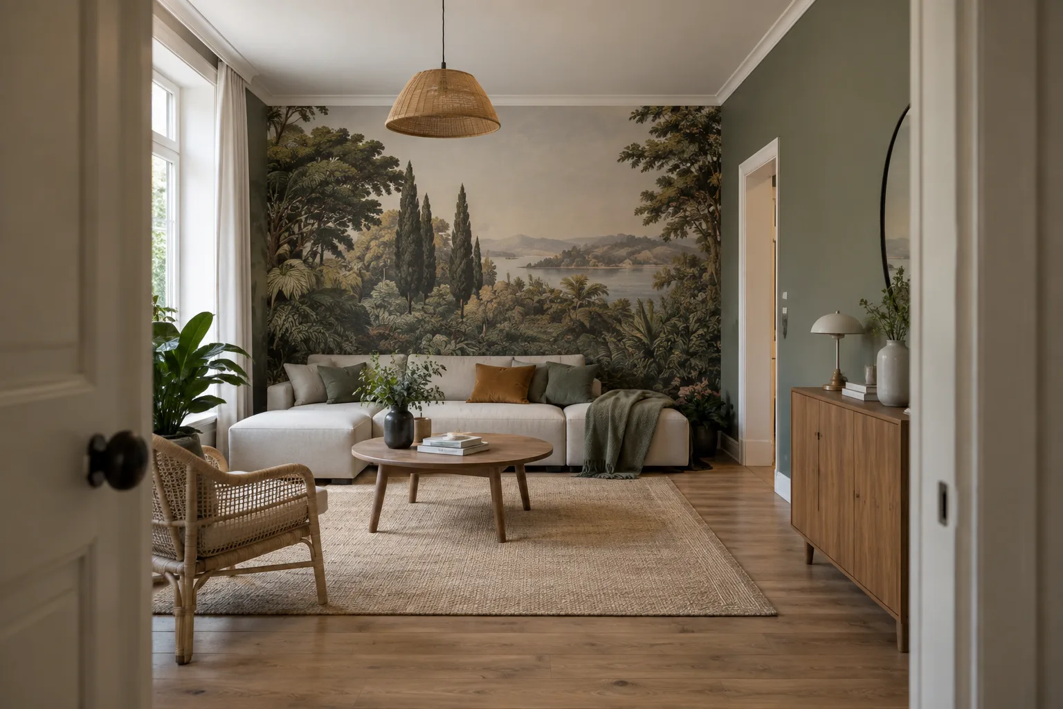 Depuis l’entrée du salon, le panoramique reste visible derrière une assise basse, avec un mur voisin presque uni.