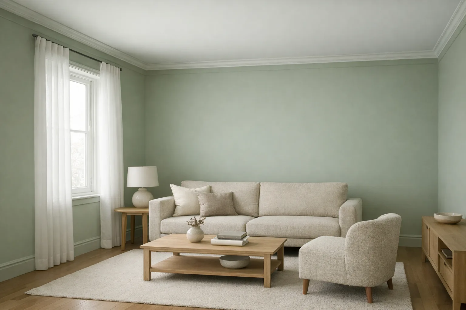 Salon aux murs et au plafond vert sauge, éclairé par une fenêtre latérale.