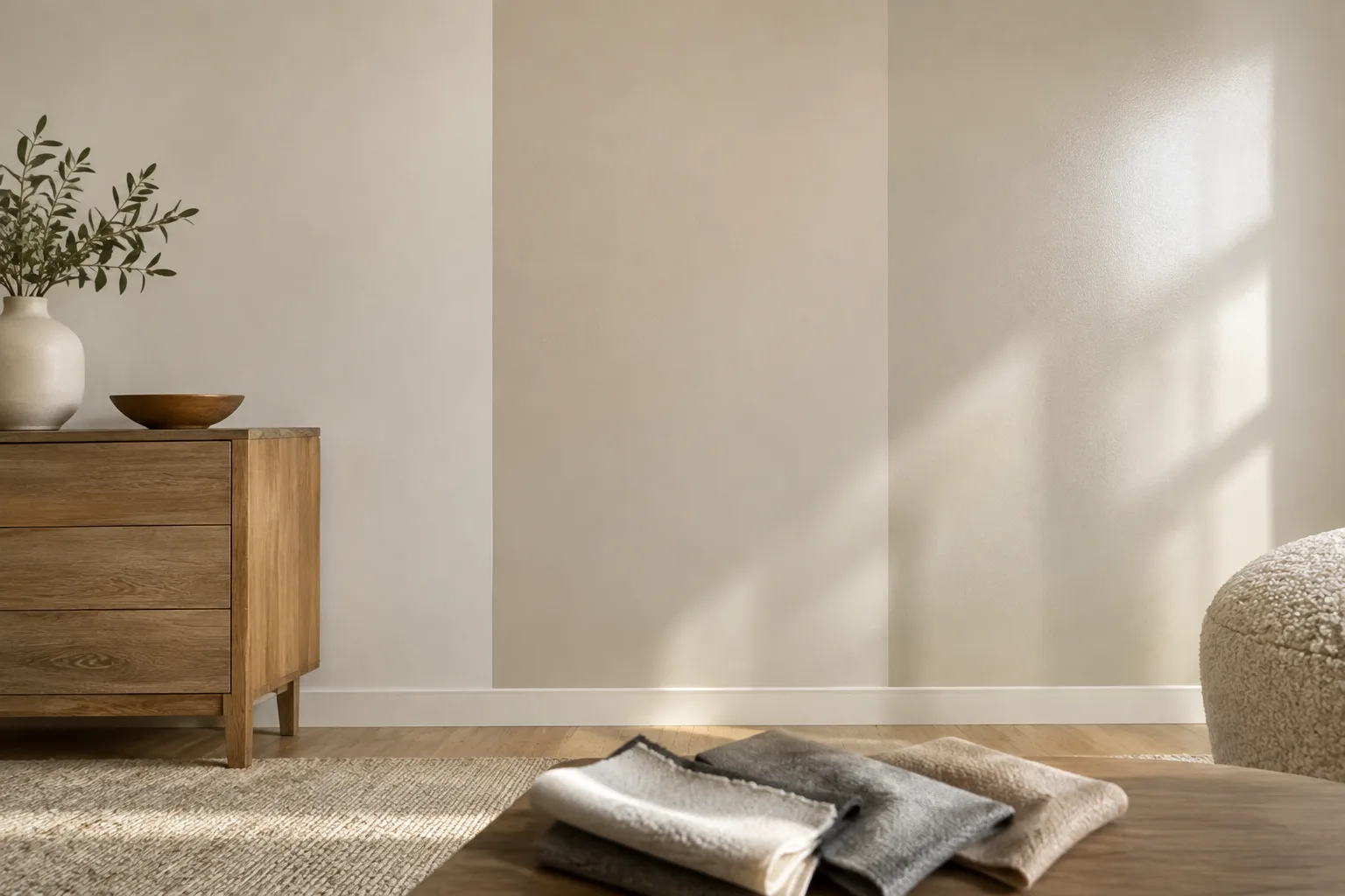 Trois bandes de peinture aux reflets différents sur un mur, près d’échantillons de tissu et d’un meuble en bois.