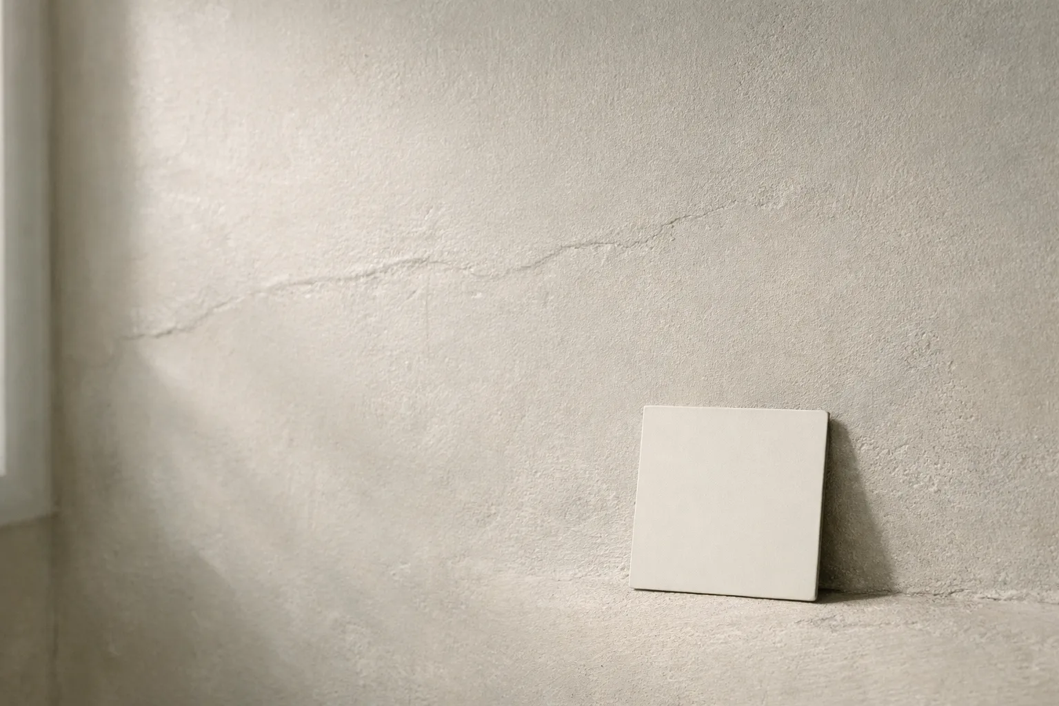 Lumière latérale sur un mur où de légères irrégularités et un raccord d’enduit sont visibles.