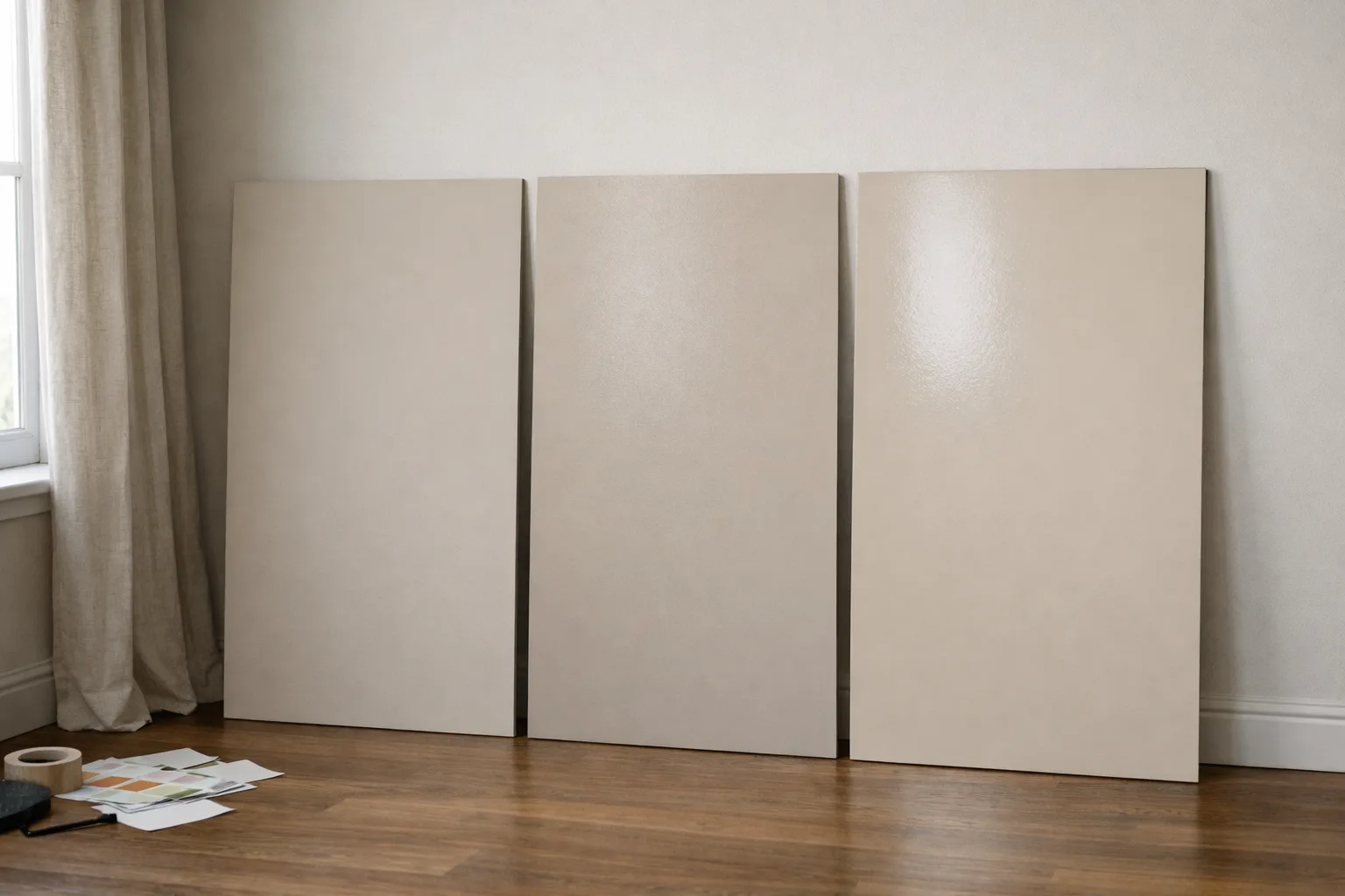 Trois panneaux de peinture neutre côte à côte, avec des reflets différents selon leur finition.
