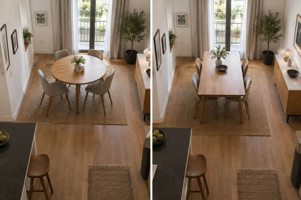 Deux tables, l’une ronde et l’autre rectangulaire, aménagent une petite salle à manger avec des chaises autour.