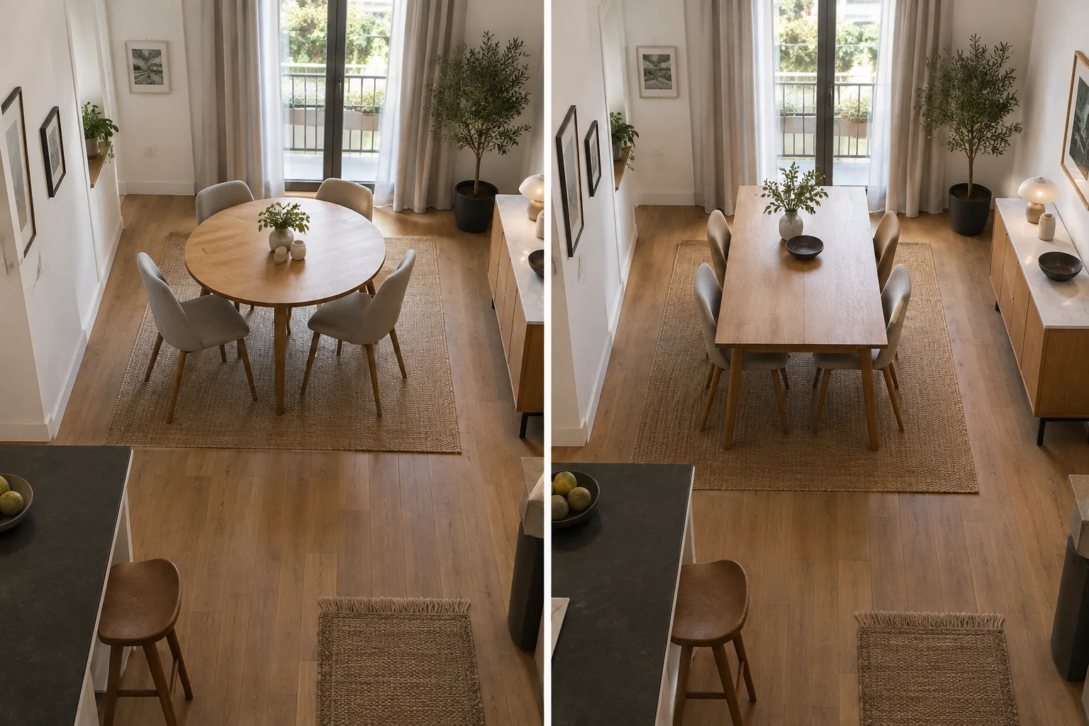 Deux tables, l’une ronde et l’autre rectangulaire, aménagent une petite salle à manger avec des chaises autour.