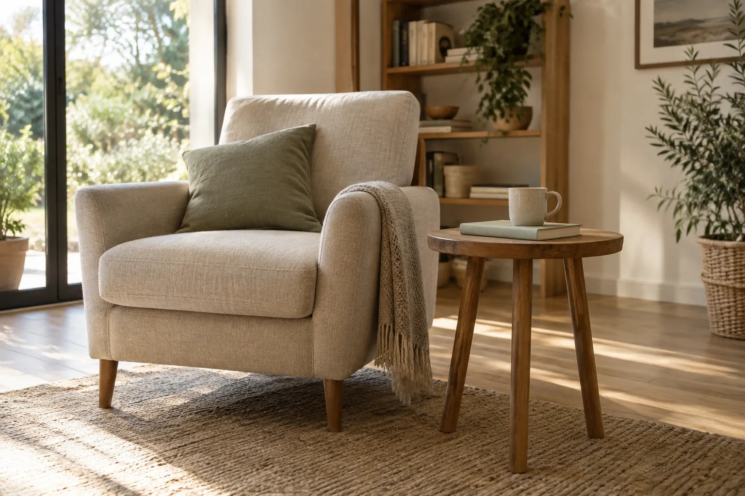 Un fauteuil accompagné d’une petite table d’appoint portant un livre et une tasse, avec le passage laissé libre.