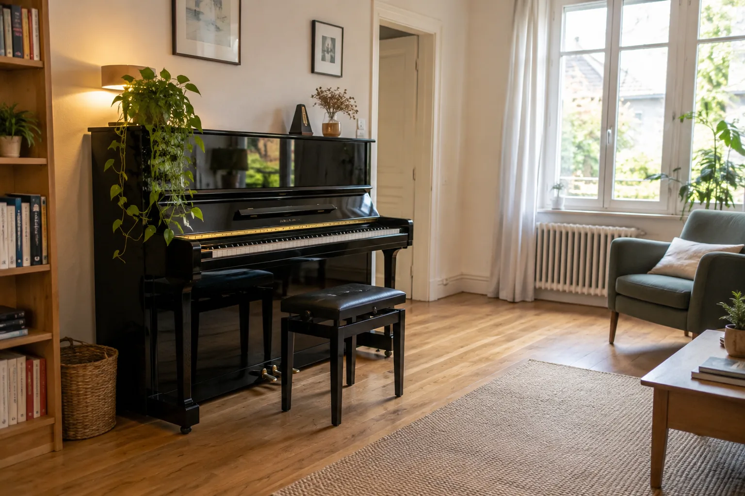 Un piano droit placé contre un mur de séjour, avec un tabouret devant le clavier et un fauteuil à proximité.