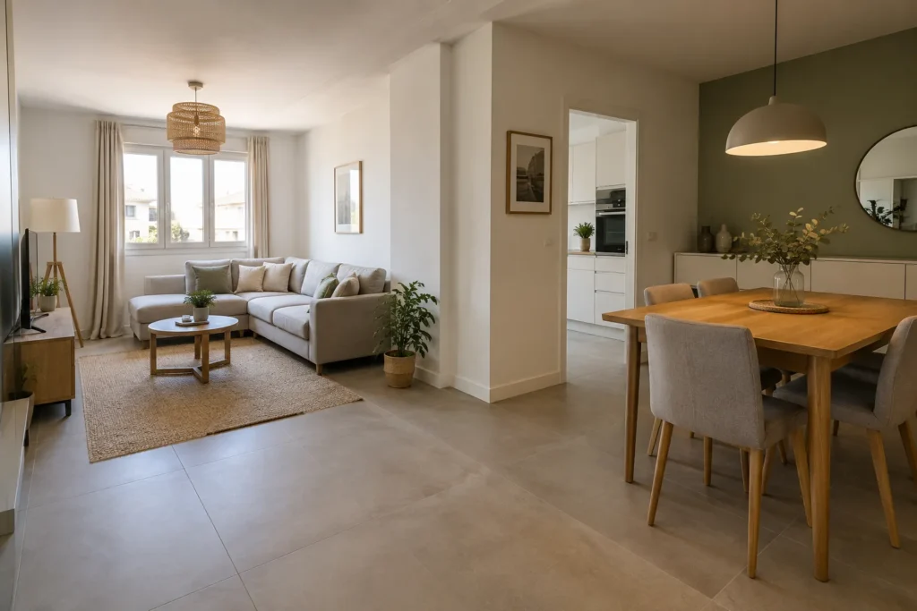 Séjour en L avec un canapé compact, une table de repas et un passage dégagé entre les deux zones.