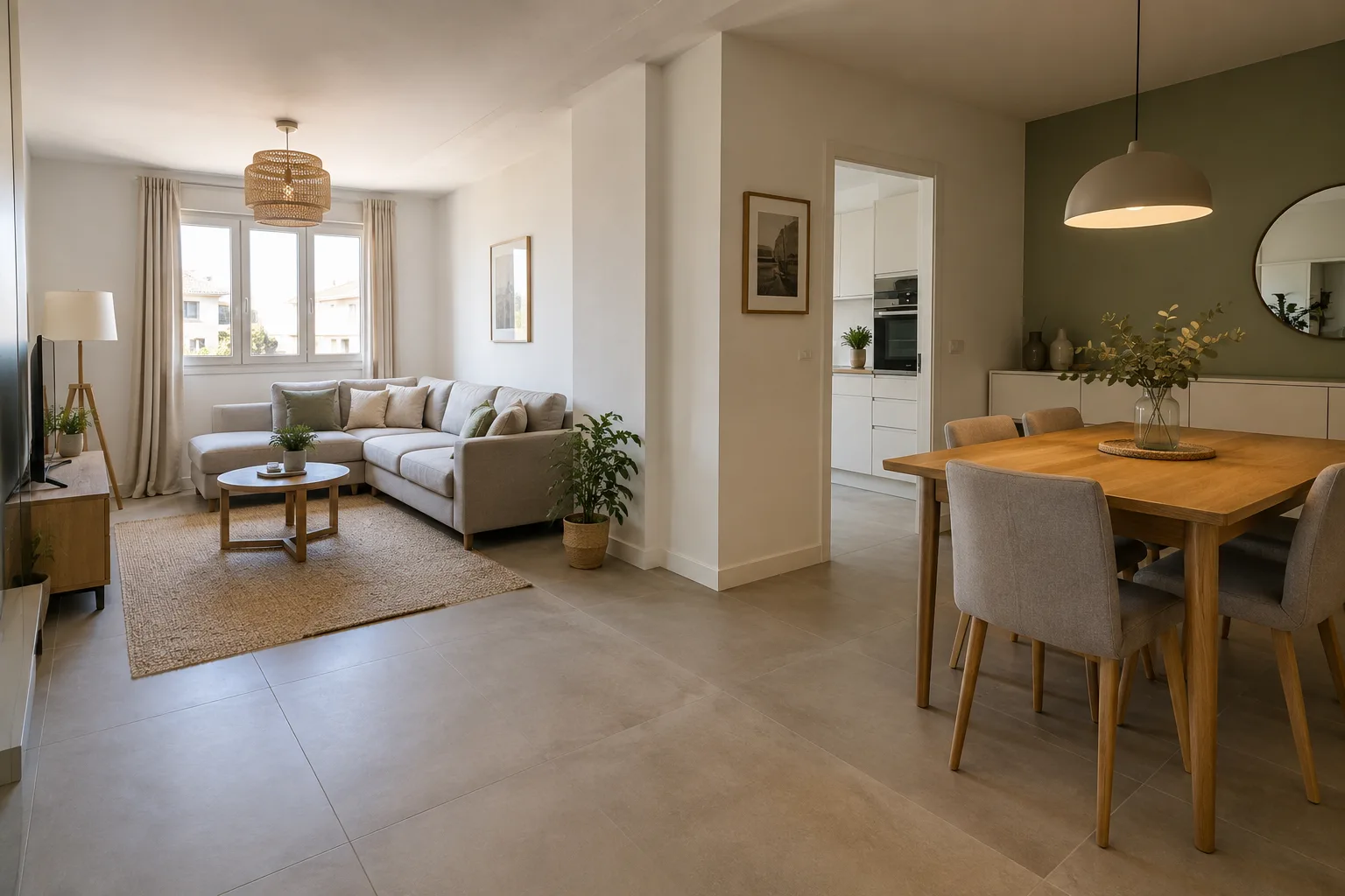Séjour en L avec un canapé compact, une table de repas et un passage dégagé entre les deux zones.