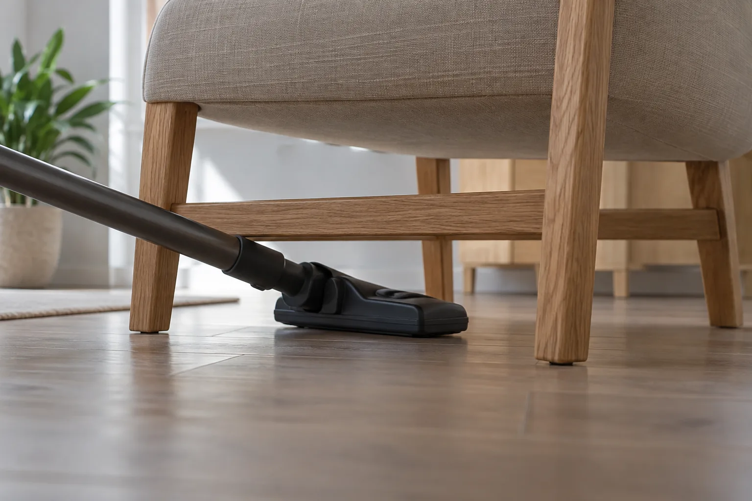 Un embout d’aspirateur passe sous un fauteuil sur pieds, près d’une traverse basse.