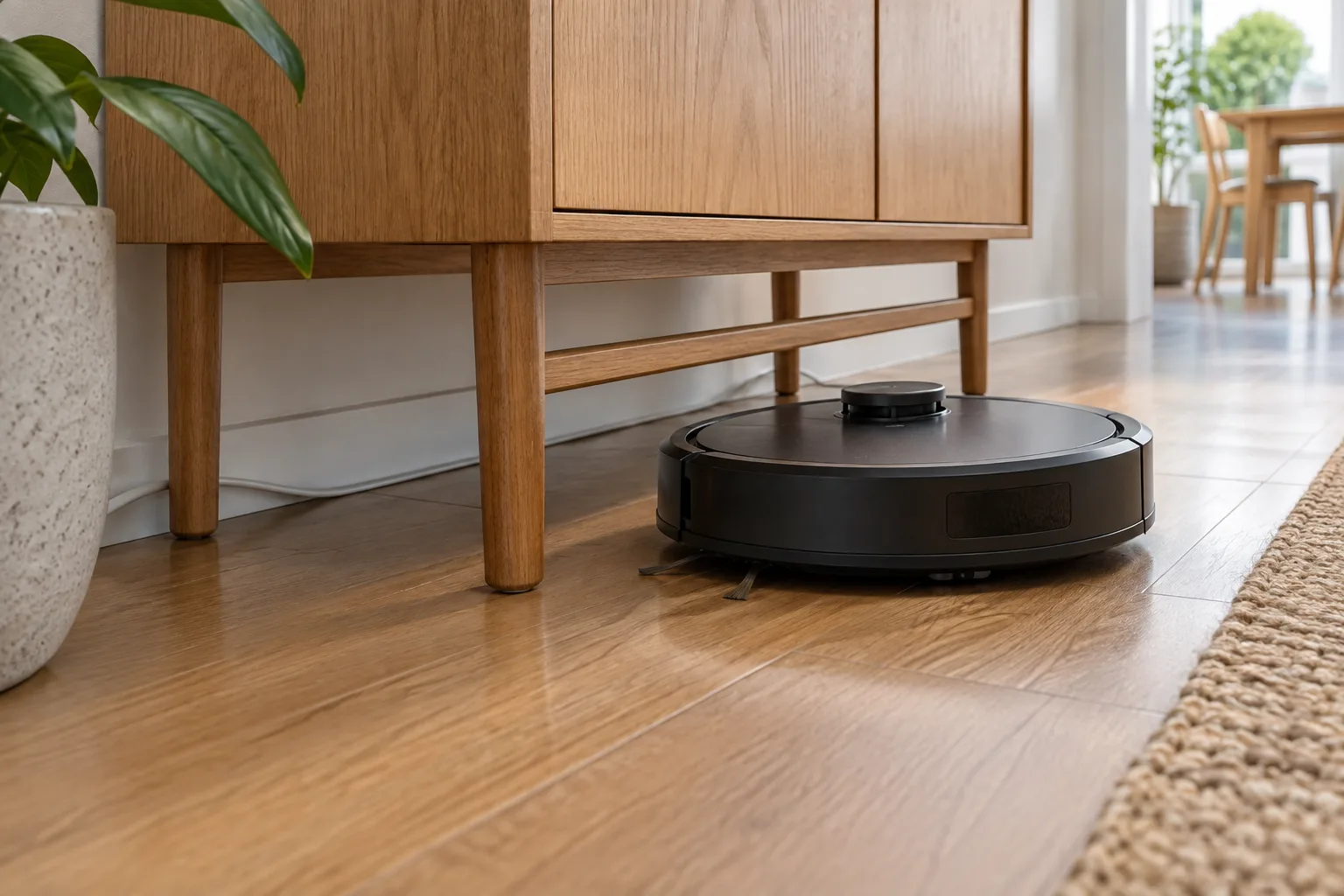 Un robot aspirateur s’approche d’un meuble sur pieds dont la traverse réduit le passage.