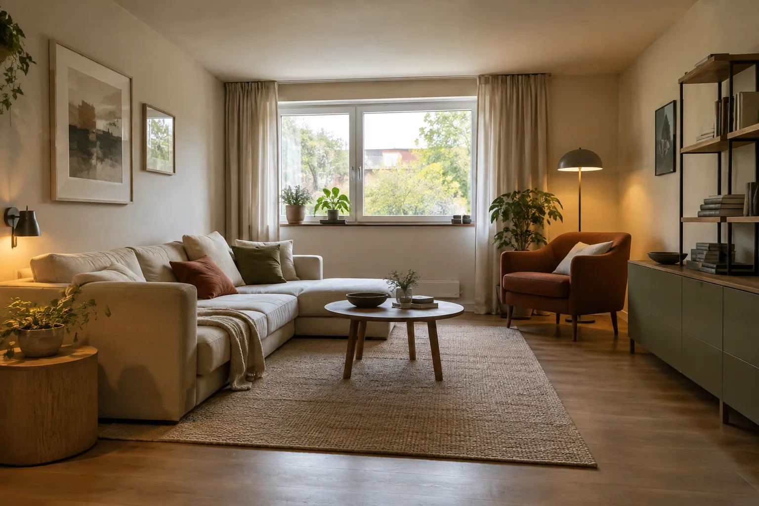 Petit salon au plafond bas avec un canapé bas, une fenêtre dégagée et une lampe près d’un fauteuil.