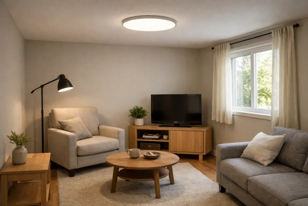 Plafonnier plat au plafond d’un petit salon, avec une lampe de lecture près d’un fauteuil et une fenêtre sur le côté.