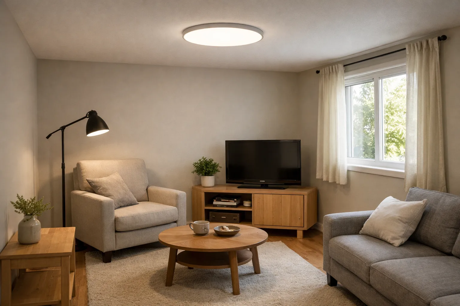 Plafonnier plat au plafond d’un petit salon, avec une lampe de lecture près d’un fauteuil et une fenêtre sur le côté.