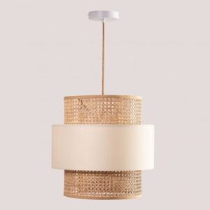 Suspension Satu Sklum beige en rotin naturel avec abat-jour cylindrique tissé