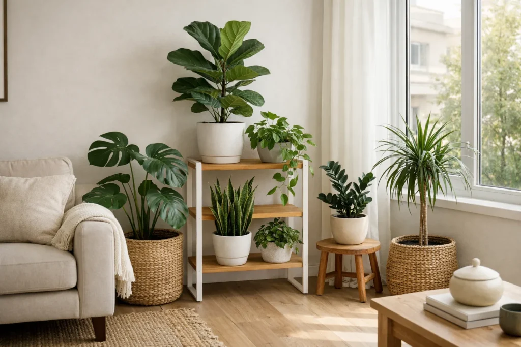 Dans un séjour, une plante en pot près d’une fenêtre et deux autres sur un support en bois laissent le passage dégagé.