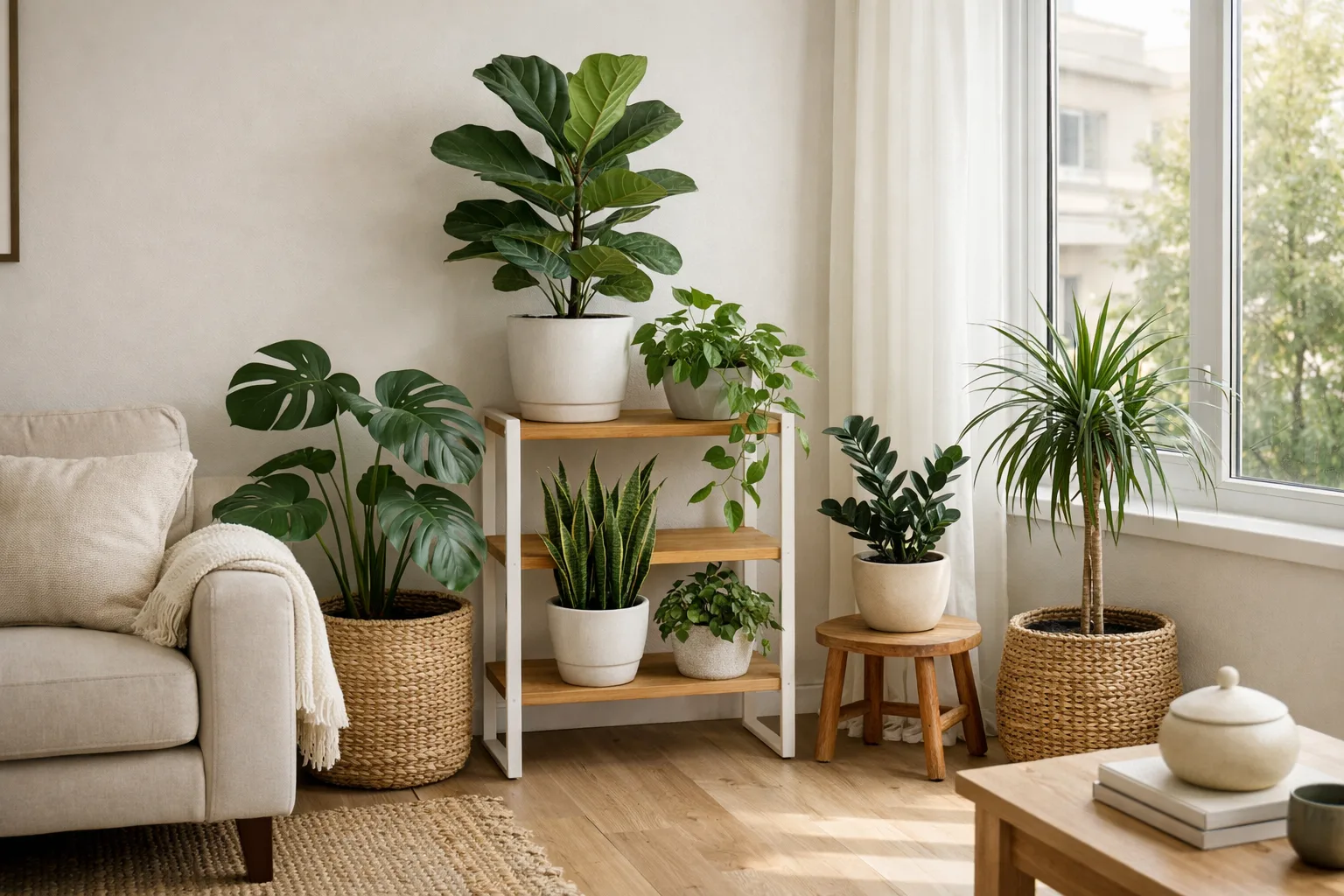 Dans un séjour, une plante en pot près d’une fenêtre et deux autres sur un support en bois laissent le passage dégagé.
