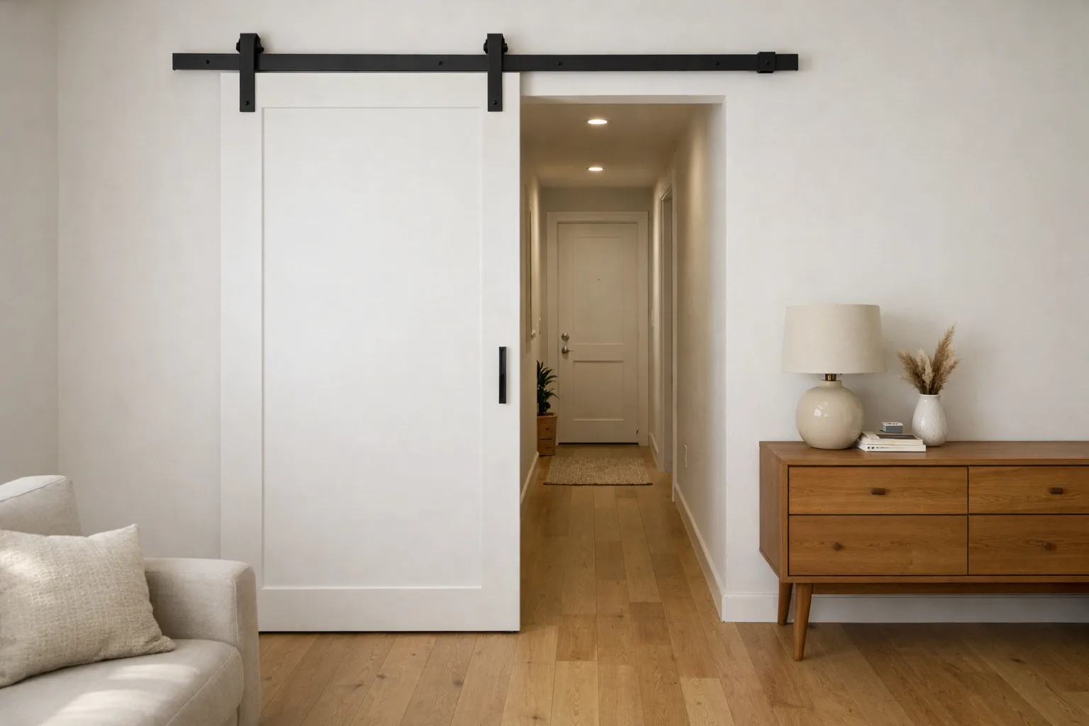 Porte coulissante en applique ouverte contre un mur dégagé dans un couloir étroit.