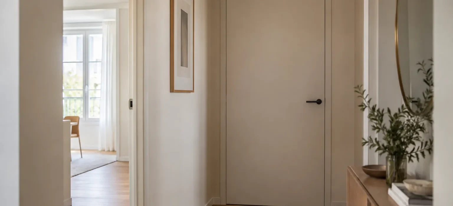 Une porte intérieure claire presque assortie au mur d’un couloir étroit, avec sa poignée sombre visible.