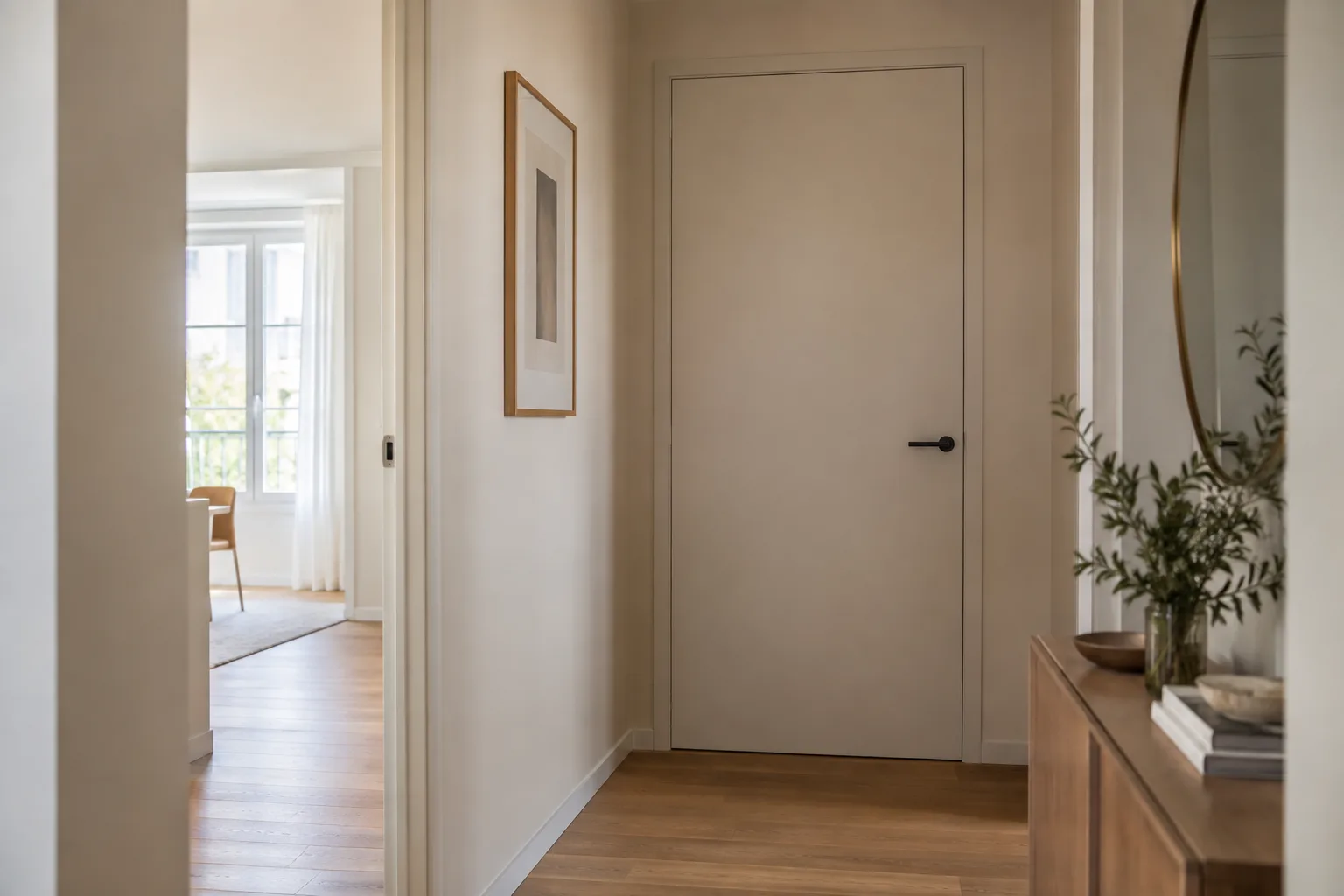 Une porte intérieure claire presque assortie au mur d’un couloir étroit, avec sa poignée sombre visible.