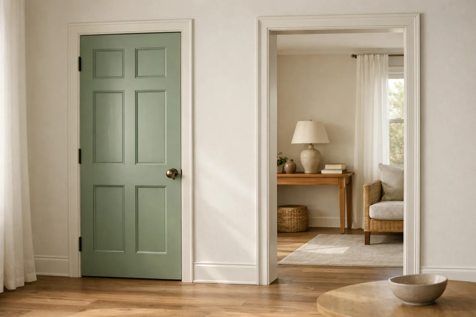 Porte intérieure vert sauge ouverte entre un mur blanc cassé et une pièce voisine lumineuse.