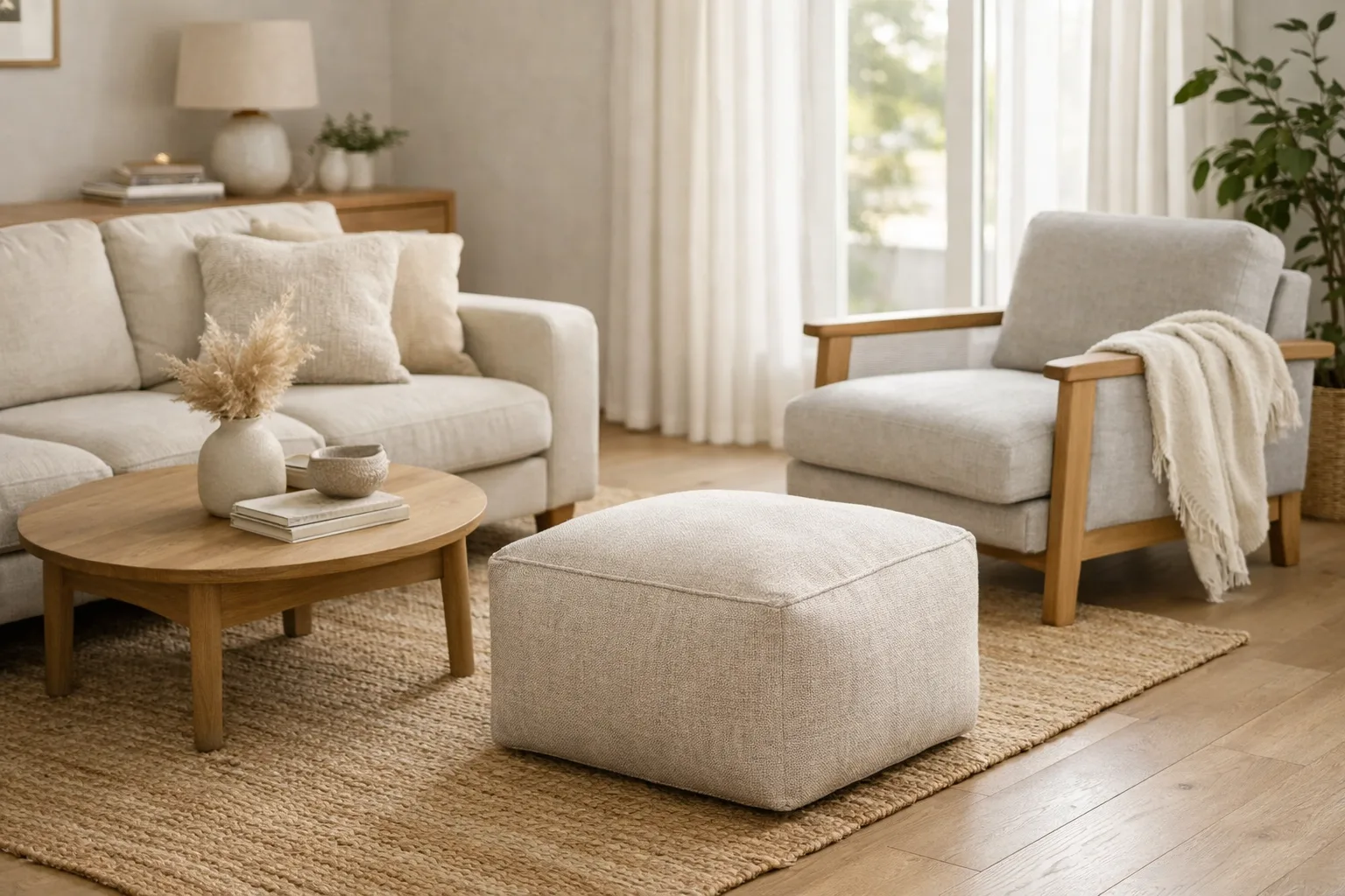 Un pouf en tissu placé près d’un canapé dans un salon aux tons neutres.
