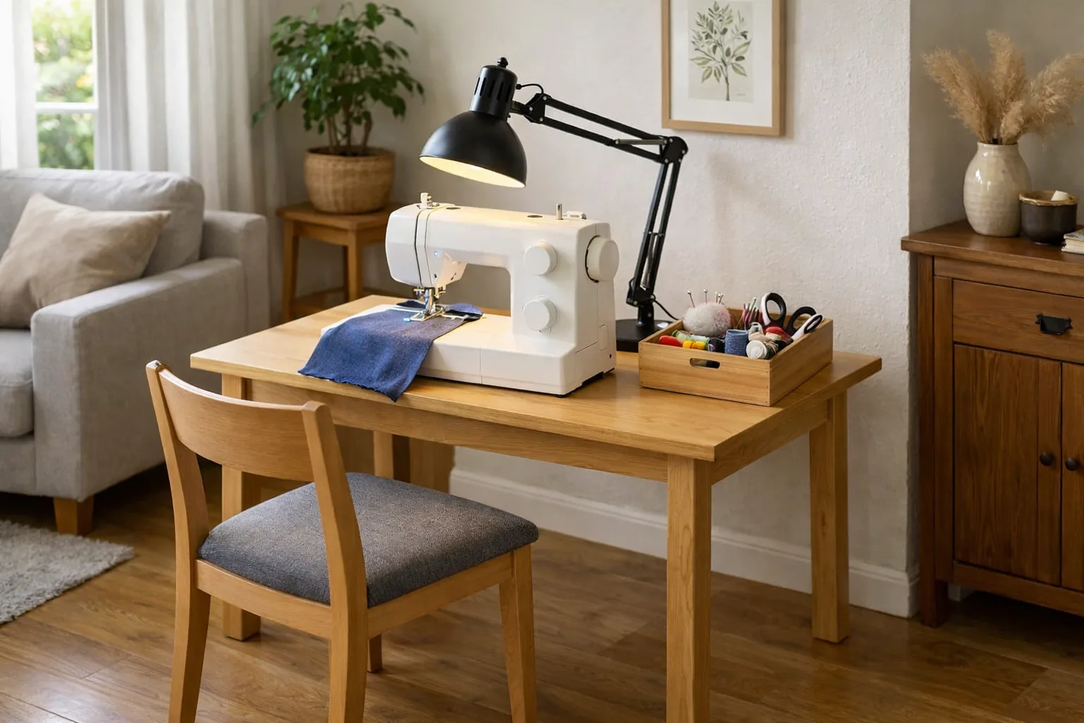 Machine à coudre installée sur une table avec une chaise, une boîte d’accessoires et une lampe orientable.