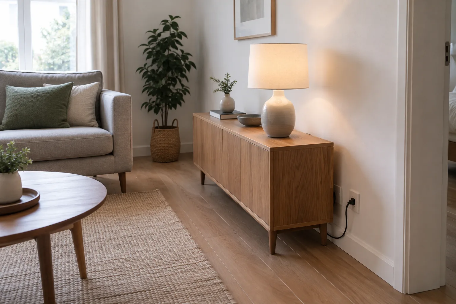 Meuble bas décalé du mur pour laisser une prise électrique accessible, avec le cordon d’une lampe longeant la plinthe.
