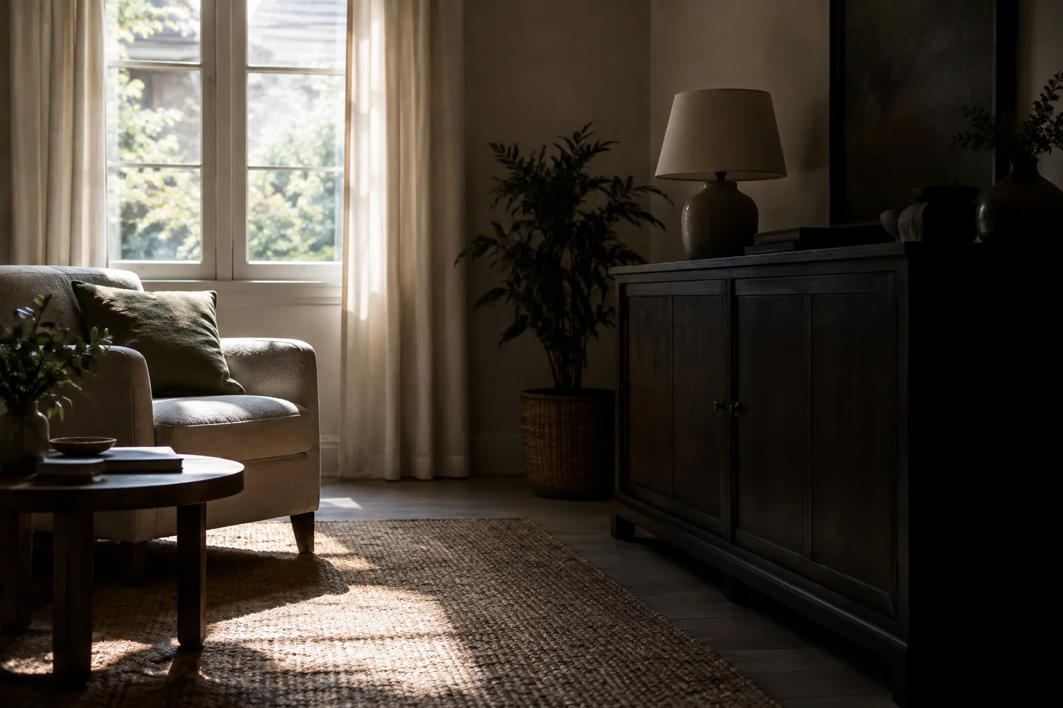 Un rayon de soleil éclaire une partie du fauteuil et du tapis, tandis que le meuble voisin laisse une zone dans l’ombre.