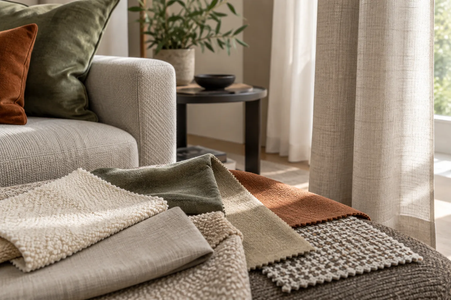 Des échantillons de tissus aux textures et couleurs variées sont comparés au canapé et au rideau d’un salon.