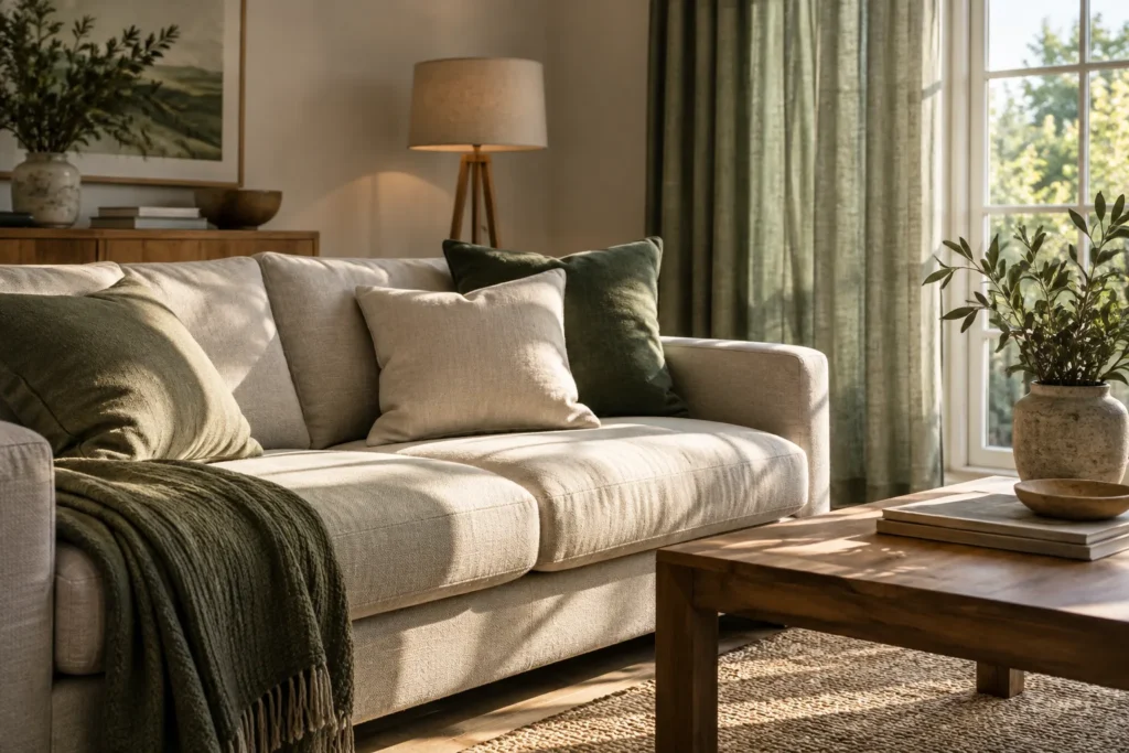 Canapé en tissu et coussins près d’une fenêtre, baignés par une lumière naturelle qui éclaire différemment leurs surfaces.