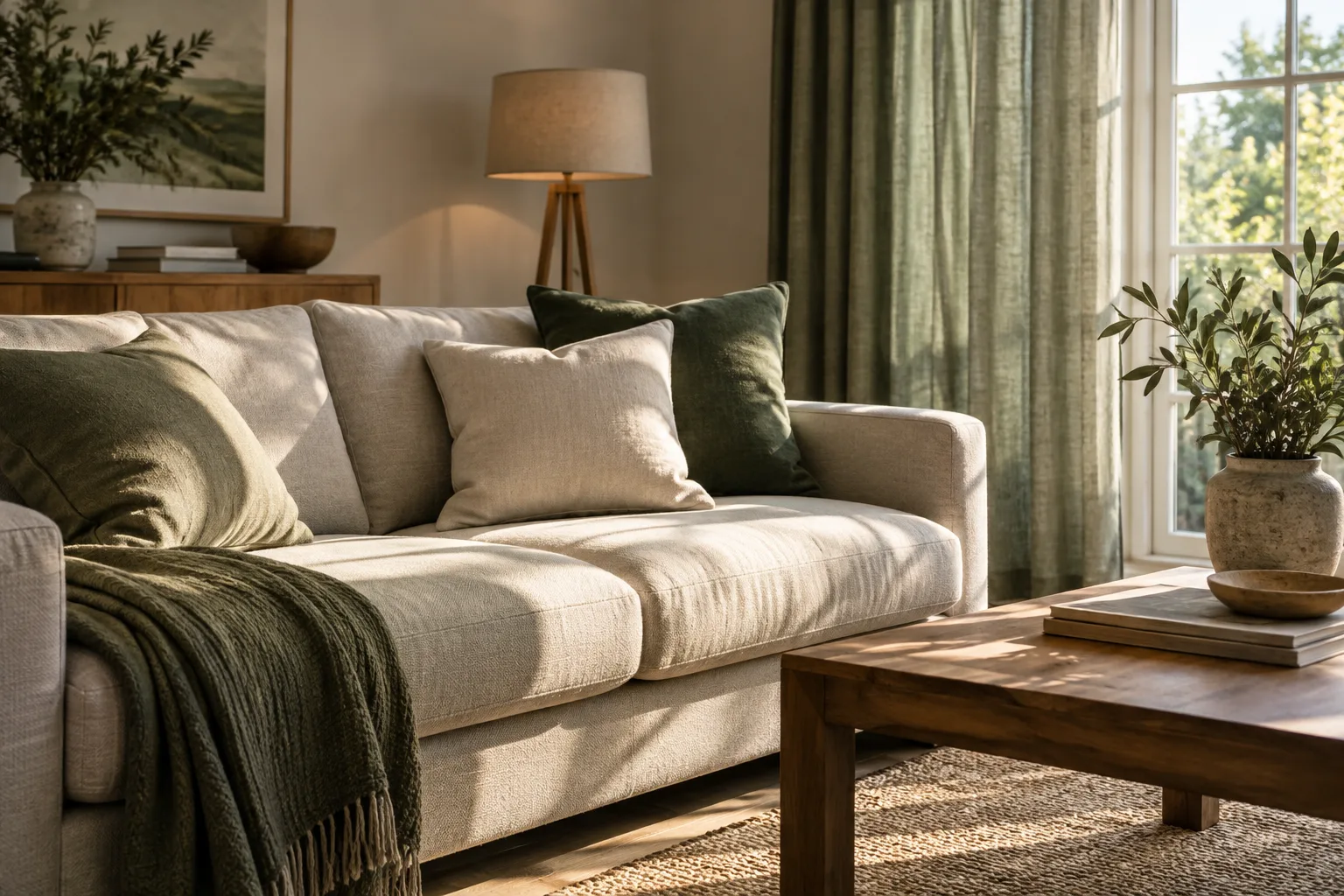 Canapé en tissu et coussins près d’une fenêtre, baignés par une lumière naturelle qui éclaire différemment leurs surfaces.