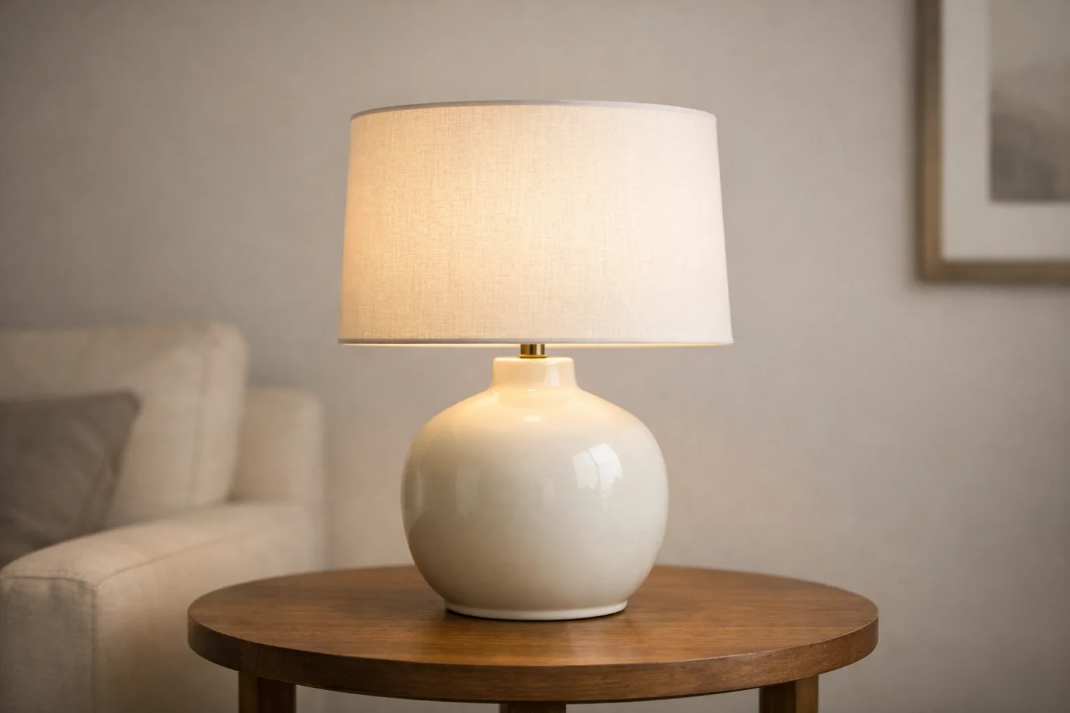 Lampe à poser avec un pied arrondi en céramique et un abat-jour en tissu clair, sur une table d’appoint.