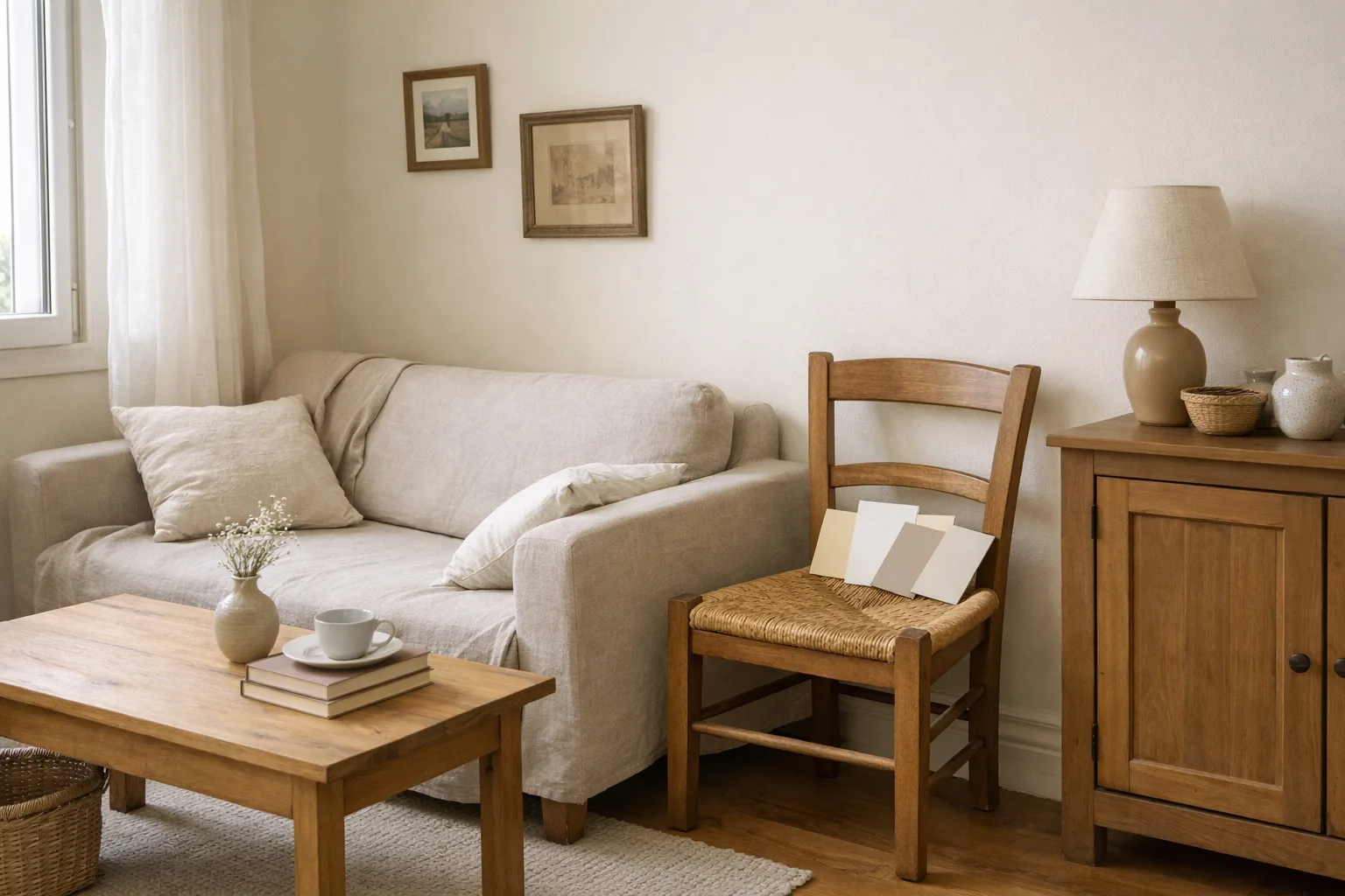 Petit salon aux murs blanc cassé, éclairé par une fenêtre où sont posés quelques échantillons de peinture.