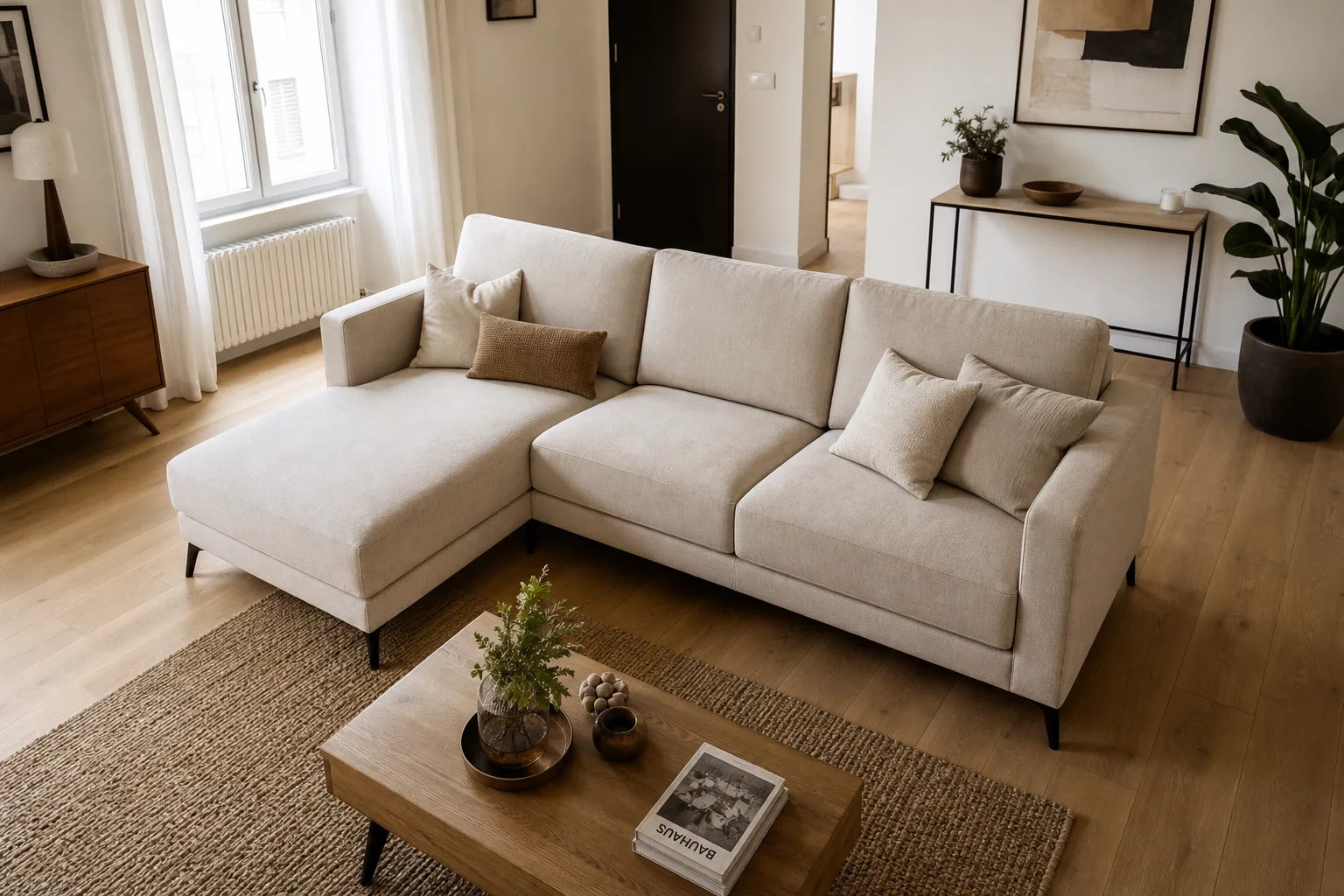 Canapé gris clair installé dans un salon avec une table basse, un fauteuil et des passages dégagés vers la fenêtre et la porte.