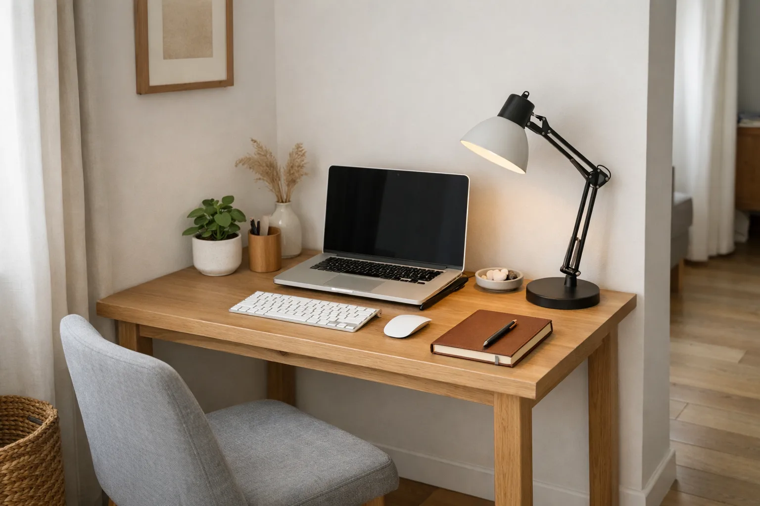 Bureau compact contre un mur avec un ordinateur portable, un clavier, un carnet et une chaise dégagée.