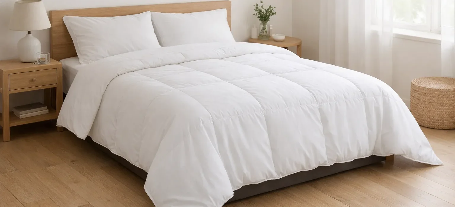 Lit double recouvert d’une couette blanche qui retombe sur les côtés du matelas.