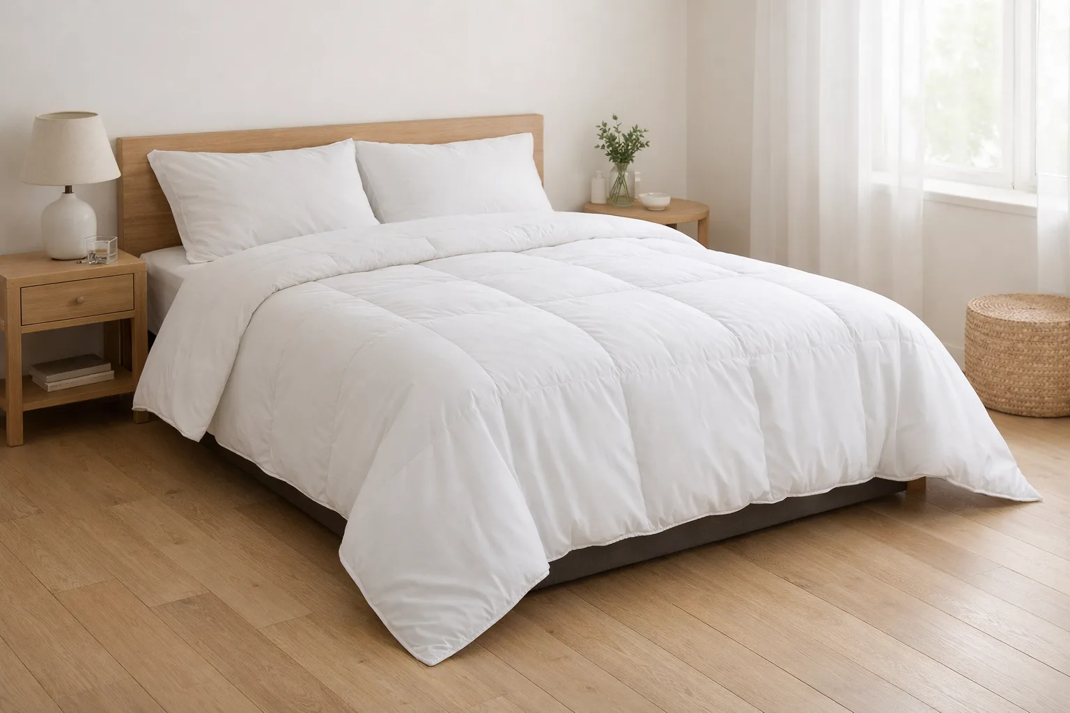 Lit double recouvert d’une couette blanche qui retombe sur les côtés du matelas.
