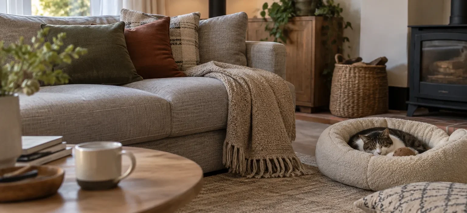 Un chat repose sur un coussin placé près d’un canapé en tissu recouvert en partie d’un plaid.