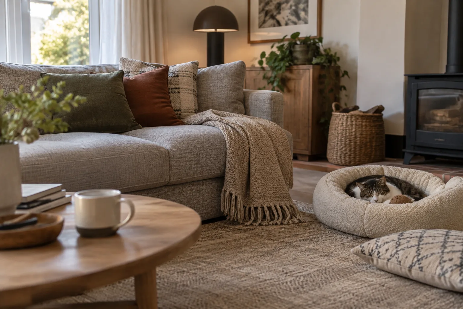 Un chat repose sur un coussin placé près d’un canapé en tissu recouvert en partie d’un plaid.