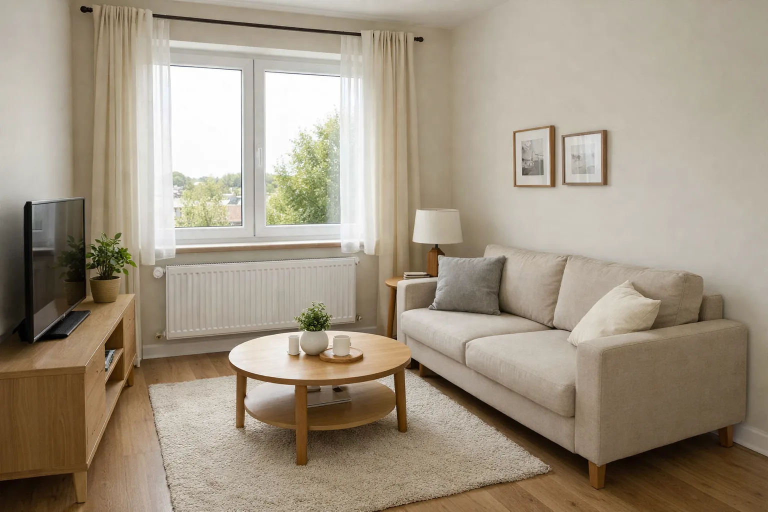 Un radiateur sous une fenêtre reste dégagé, avec un canapé placé sur le mur latéral et des rideaux ouverts.