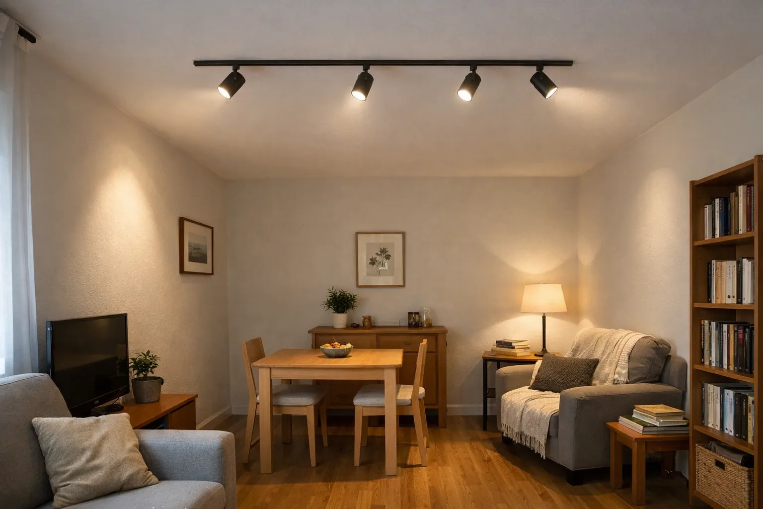 Rail de spots fixé au plafond d’un séjour, avec des projecteurs orientés vers un mur, une table et un coin lecture.