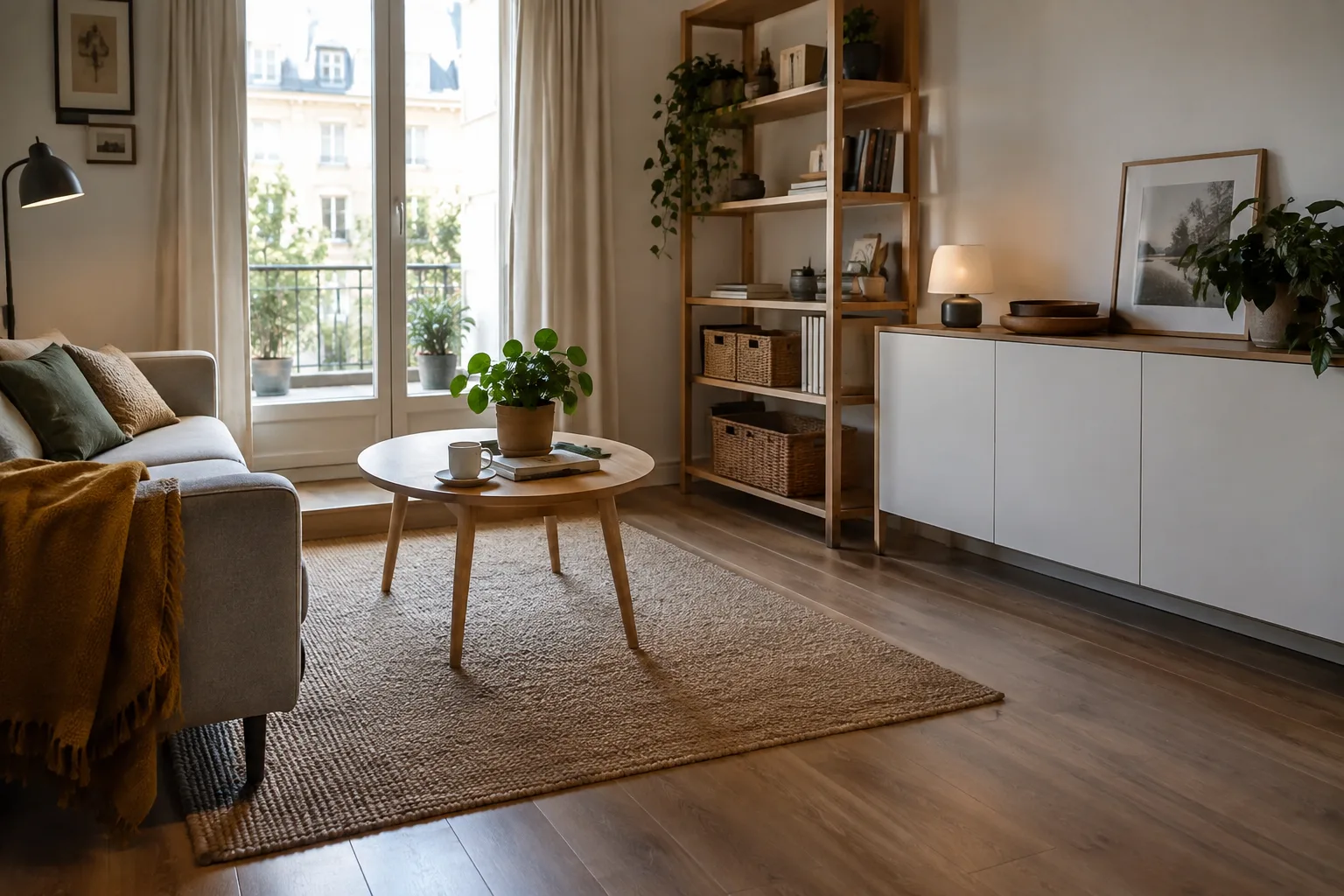 Dans un petit séjour, une étagère ouverte avec des livres et des paniers se trouve à côté d’un meuble bas fermé.