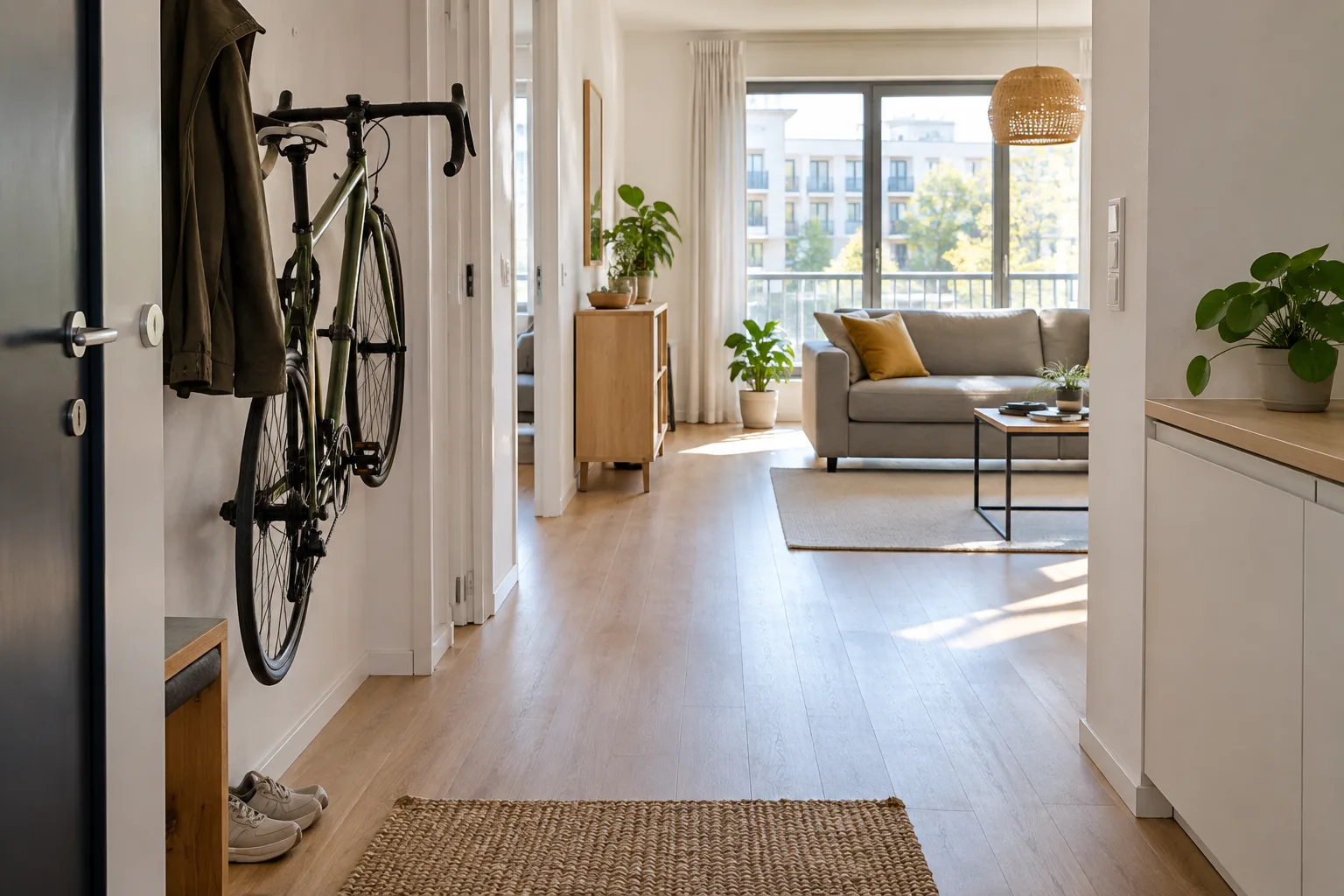 Un vélo maintenu sur un support contre le mur près de l’entrée, avec un passage libre vers le séjour.