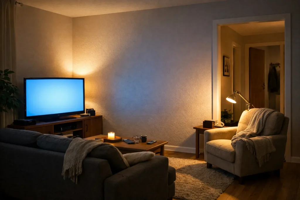 Salon en soirée avec un écran allumé, un mur doucement éclairé, une lampe près d’un fauteuil et un passage visible vers la porte.