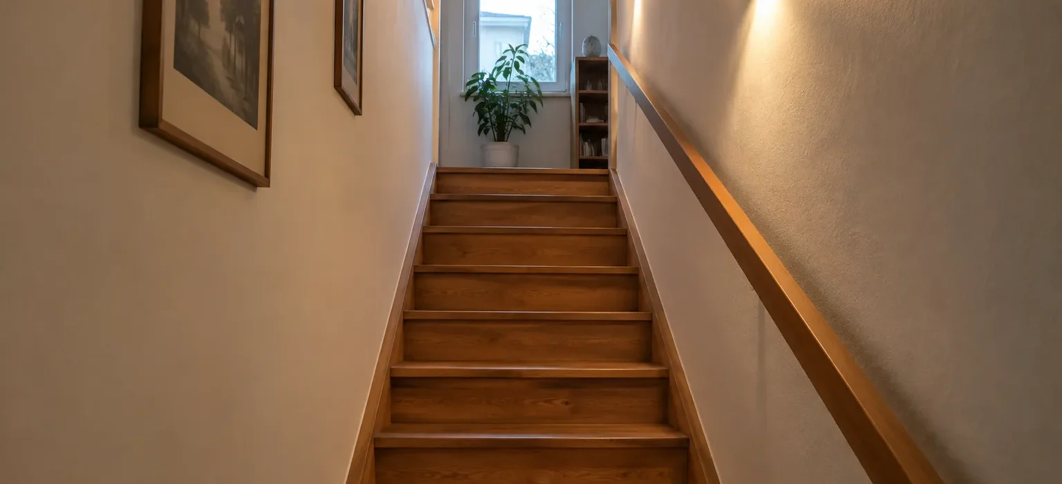 Escalier intérieur étroit éclairé par des appliques murales, avec les marches dégagées et un palier recevant la lumière du jour.