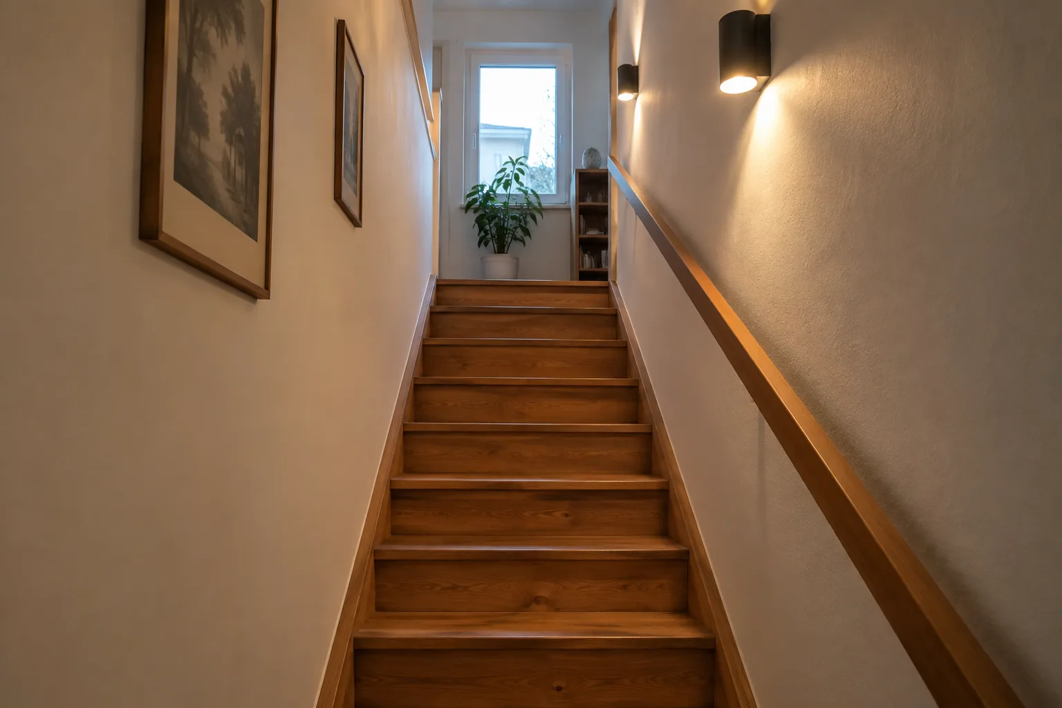 Escalier intérieur étroit éclairé par des appliques murales, avec les marches dégagées et un palier recevant la lumière du jour.