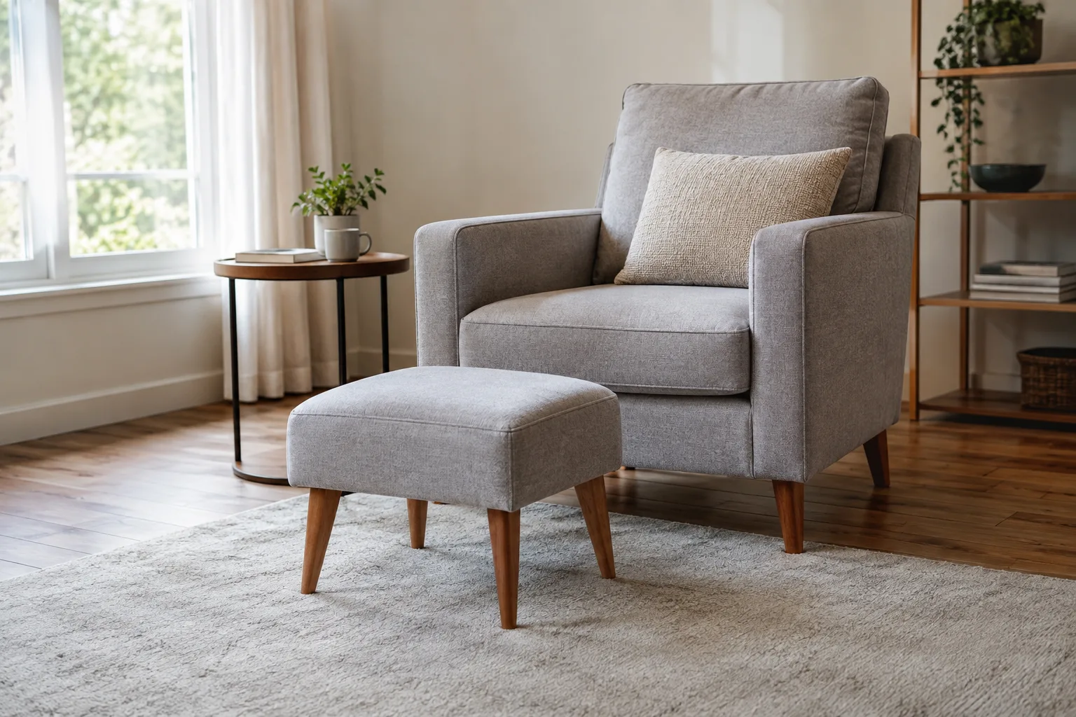 Un repose-pieds rectangulaire placé devant un fauteuil, avec un passage libre sur le côté.